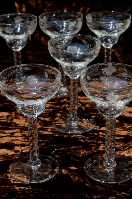 vintage cordial wine glasses, spiral twist pressed glass stems w/ etched cut floral