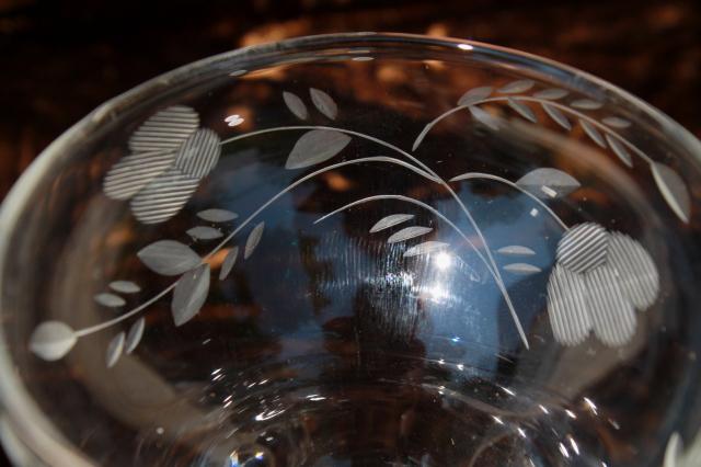 vintage cordial wine glasses, spiral twist pressed glass stems w/ etched cut floral