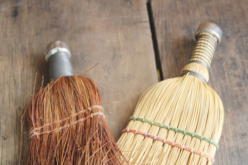 vintage corn broom whisk brushes, old hand brooms modern farmhouse rustic primitive decor