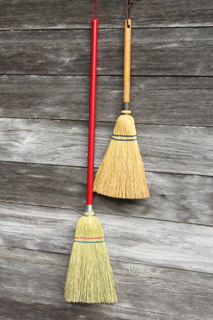 vintage corn brooms, whisk broom & child's size sweeping broom, rustic farmhouse decor