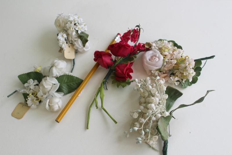 vintage corsages, silk fake flowers w/ clasp pins, original dime store tags