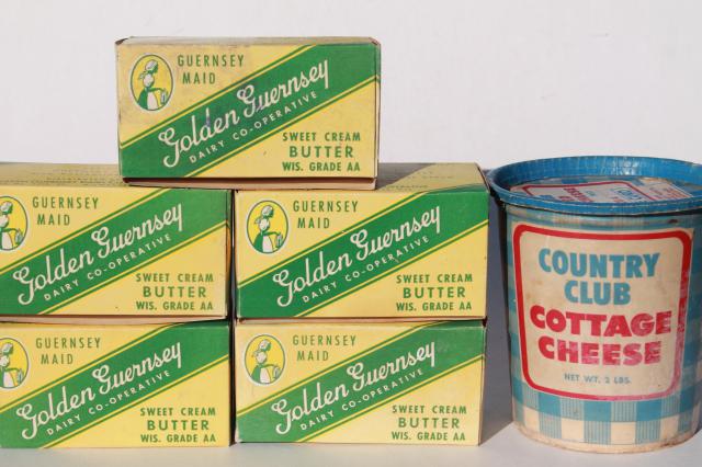 vintage cottage cheese container & Golden Guernsey dairy butter boxes, retro food packaging