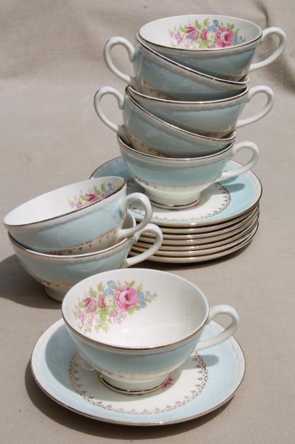vintage cottage chic shabby floral china tea cups & saucers, aqua blue w/ flowers