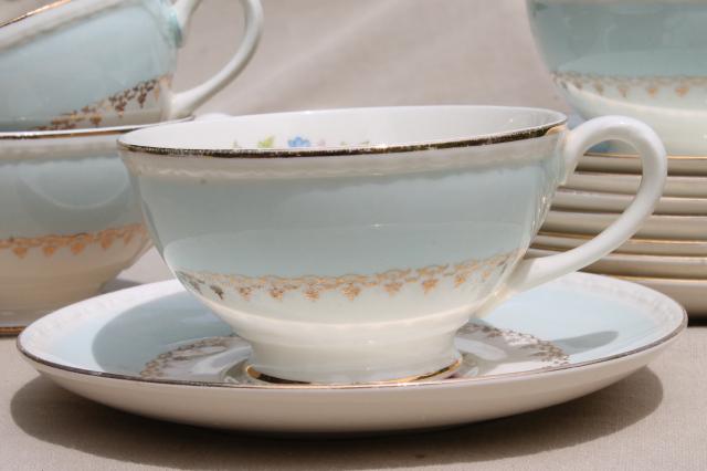vintage cottage chic shabby floral china tea cups & saucers, aqua blue w/ flowers