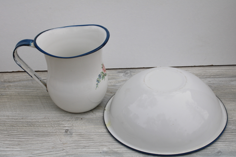 vintage cottage floral wash set, blue trim white enamelware pitcher bowl, farmhouse decor