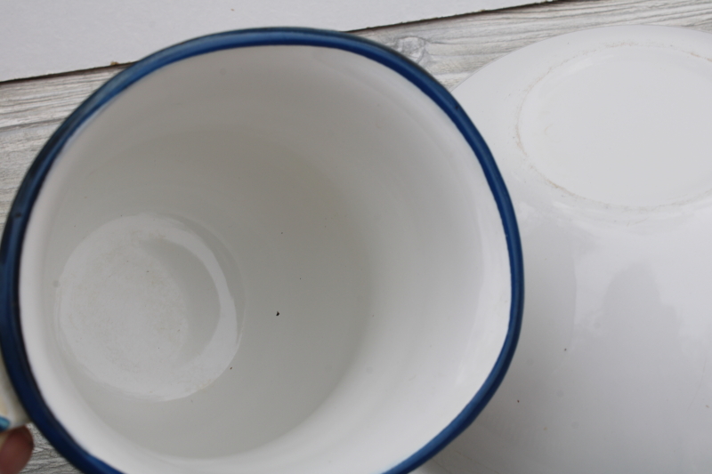 vintage cottage floral wash set, blue trim white enamelware pitcher bowl, farmhouse decor