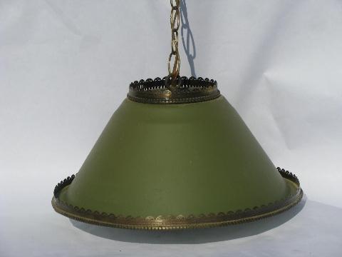 vintage cottage style hanging swag lamp, painted tole metal shade pendant light
