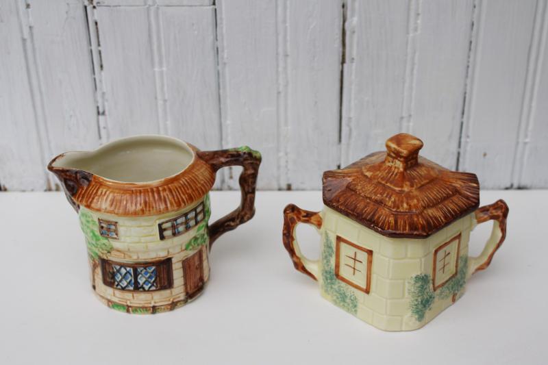 vintage cottage ware pottery cream & sugar, English Tudor thatched cottages 