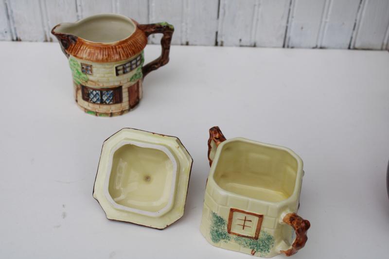 vintage cottage ware pottery cream & sugar, English Tudor thatched cottages 
