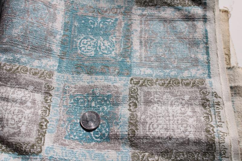 vintage cotton barkcloth fabric, Waverly Martinique print aqua grey gold
