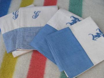 vintage cotton bed linens, lot embroidered monogram pillowcases w/blue