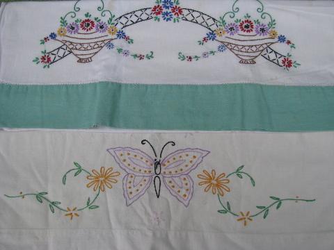 vintage cotton bed linens, lot embroidered pillowcases w/crocheted lace