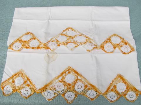 vintage cotton bed linens, pillowcases w/colored crochet thread lace