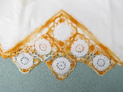 vintage cotton bed linens, pillowcases w/colored crochet thread lace