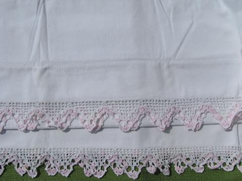 vintage cotton bed linens, pillowcases & sheets w/colored crochet lace