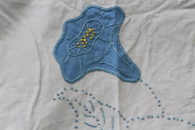 vintage cotton bedspread or quilt top morning glory applique & french knots embroidery