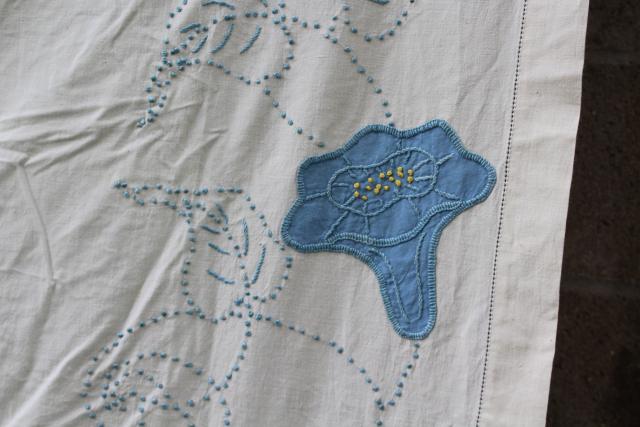 vintage cotton bedspread or quilt top morning glory applique & french knots embroidery
