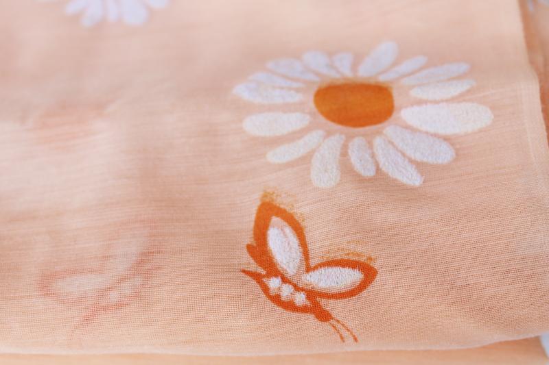 vintage cotton blend fabric w/ flocked flowers, big daisies on sherbet orange