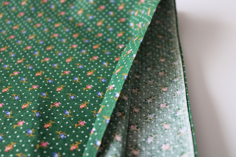 vintage cotton calico fabric w/ tiny print dots flower sprigs on green, girly cottagecore 