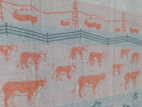 vintage cotton camp blanket, Texas cowboys, cattle ranch w/ oil rigs