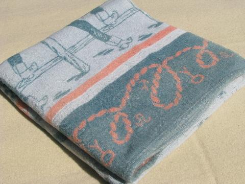 vintage cotton camp blanket, Texas cowboys, cattle ranch w/ oil rigs