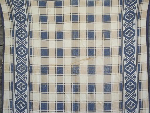 vintage cotton camp blanket, blue w/ brown & tan checks, border pattern