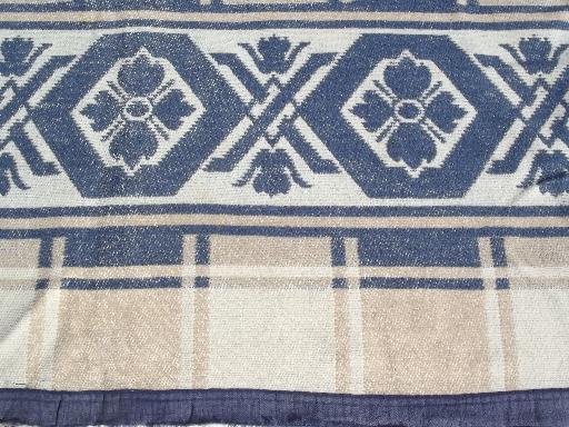 vintage cotton camp blanket, blue w/ brown & tan checks, border pattern