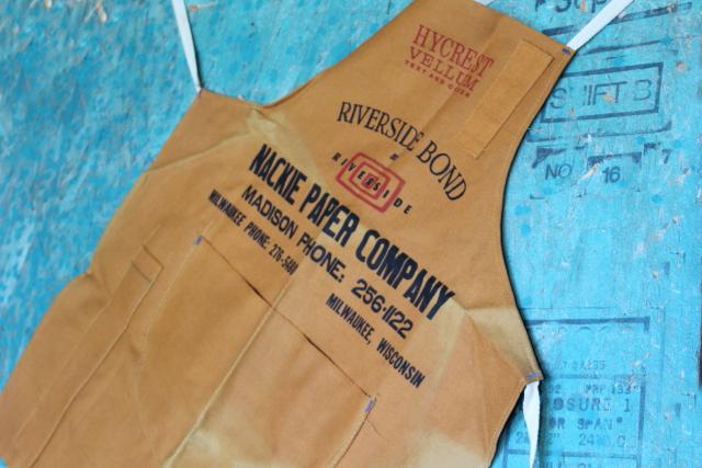 vintage cotton canvas bib apron, carpenter style work tool apron w/ printers advertising