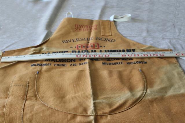vintage cotton canvas bib apron, carpenter style work tool apron w/ printers advertising