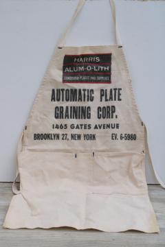 vintage cotton canvas bib apron, printers work apron w/ old advertising Brooklyn 27 New York 1950s
