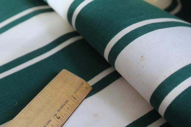 vintage cotton canvas, cream & green awning stripe fabric for camper, camp seats