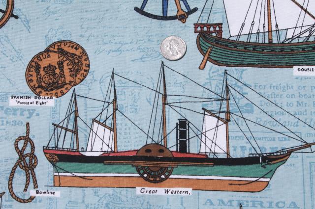 vintage cotton canvas fabric w/ nautical seafaring tall ships sailing print