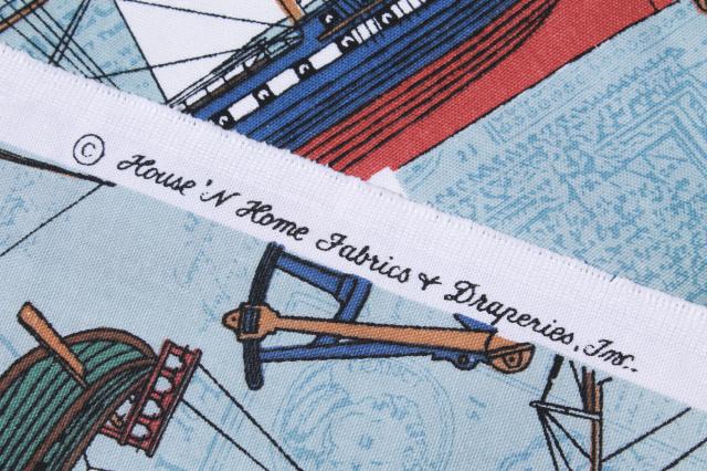 vintage cotton canvas fabric w/ nautical seafaring tall ships sailing print