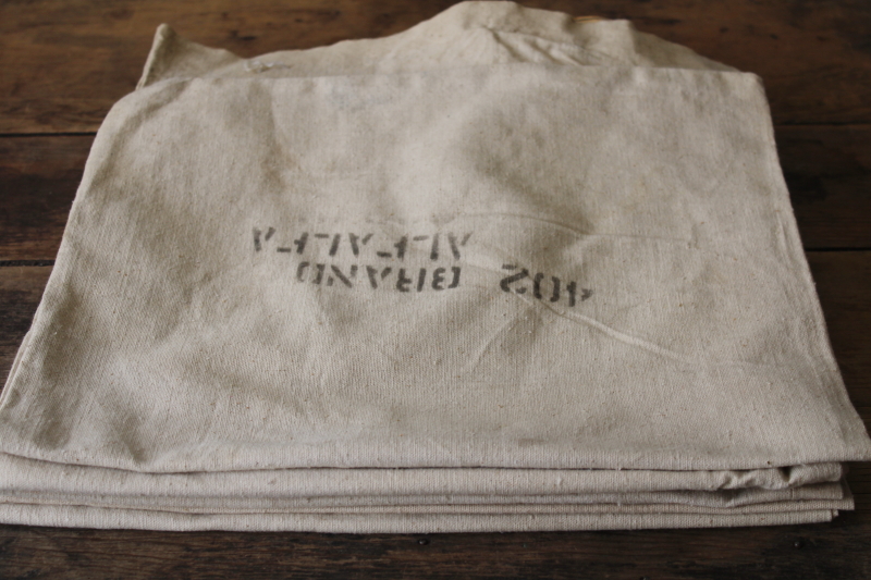 vintage cotton canvas grain bags, Alfalfa seed sacks w/ old paper tags 1970s