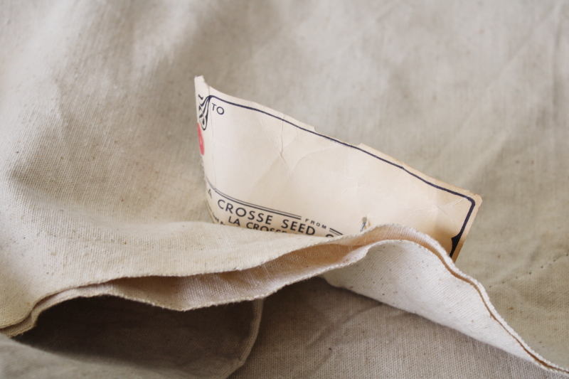 vintage cotton canvas grain bags, Alfalfa seed sacks w/ old paper tags 1970s