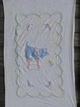 vintage cotton chenille baby bedspread or crib blanket, tiny kitten