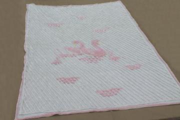 vintage cotton chenille baby bedspread or crib cover w/ pink & white swans 