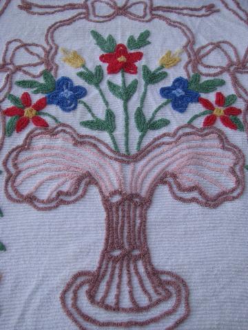 vintage cotton chenille bedspread, bright flower basket bed cover