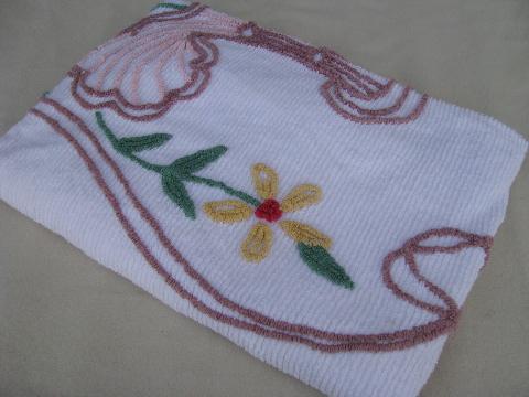 vintage cotton chenille bedspread, bright flower basket bed cover