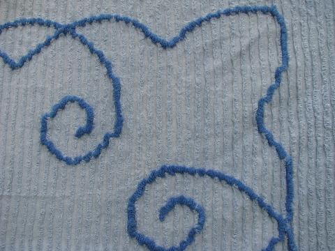 vintage cotton chenille bedspread, flower basket on blue