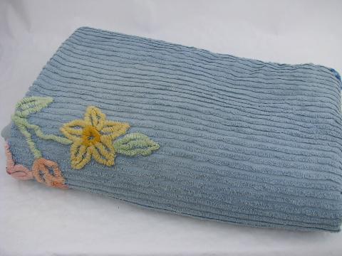 vintage cotton chenille bedspread, flower basket on blue