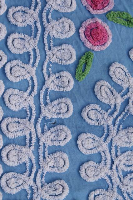 vintage cotton chenille bedspread, loopy white curlicues & bright flowers on blue