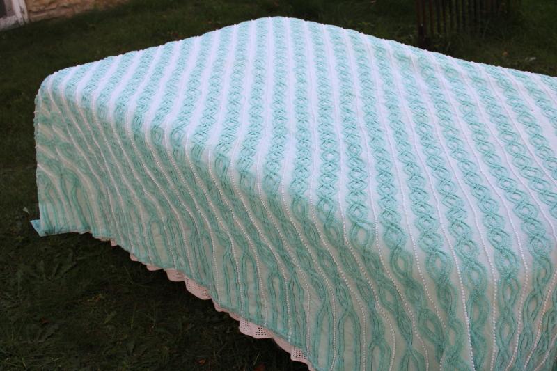 vintage cotton chenille bedspread, mint green w/ white bias striped twin size spread 