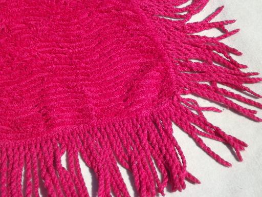 vintage cotton chenille bedspread, red raspberry  pink w/ heavy chenille fringe