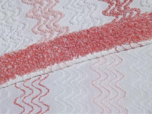 vintage cotton chenille bedspread, retro chevron stripes in coral & pink 