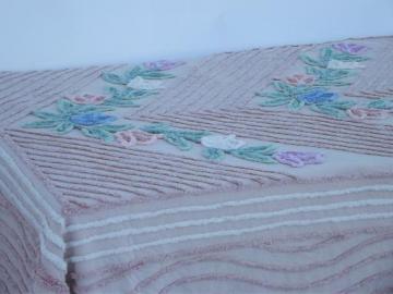 vintage cotton chenille bedspread, rose pink with garland of flowers