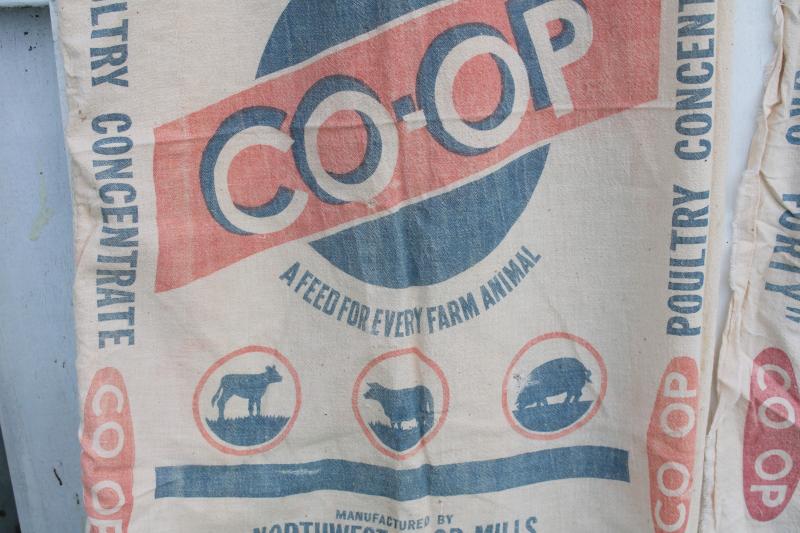 vintage cotton chicken feed bags, feedsacks w/ red & blue printed advertising graphics
