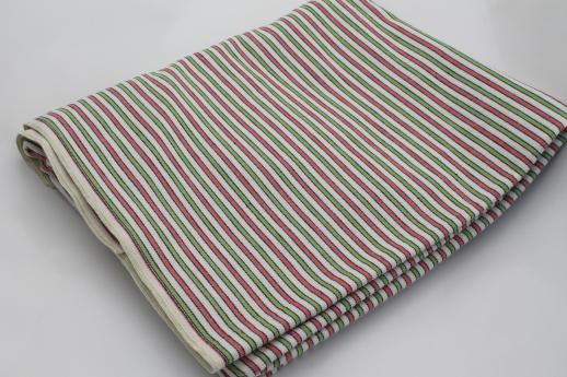 vintage cotton cloth for kitchen linens or ticking, pink & green woven striped fabric