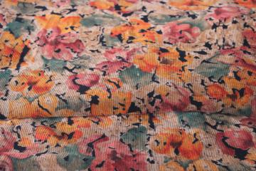 vintage cotton corduroy, soft pincord fabric floral print warm autumn colors on black