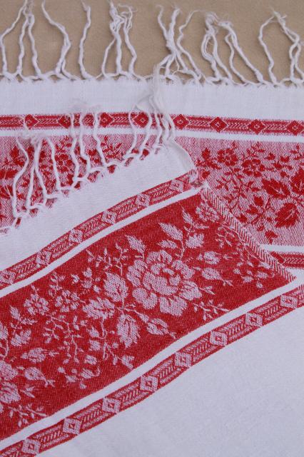 vintage cotton damask table runner kitchen cloth towel w/ red rose border